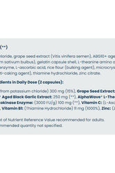 Nutrition label showing ingredients and daily doses of Blood Pressure Ultra capsules for heart health.